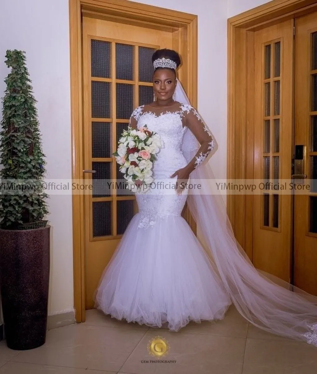 สีขาวชุดเดรสเมอร์เมดสําหรับเจ้าสาว Scoop แขนยาวลูกไม้ Tulle ไนจีเรียชุดเจ้าสาว robes de mariee ที่กําหนดเอง