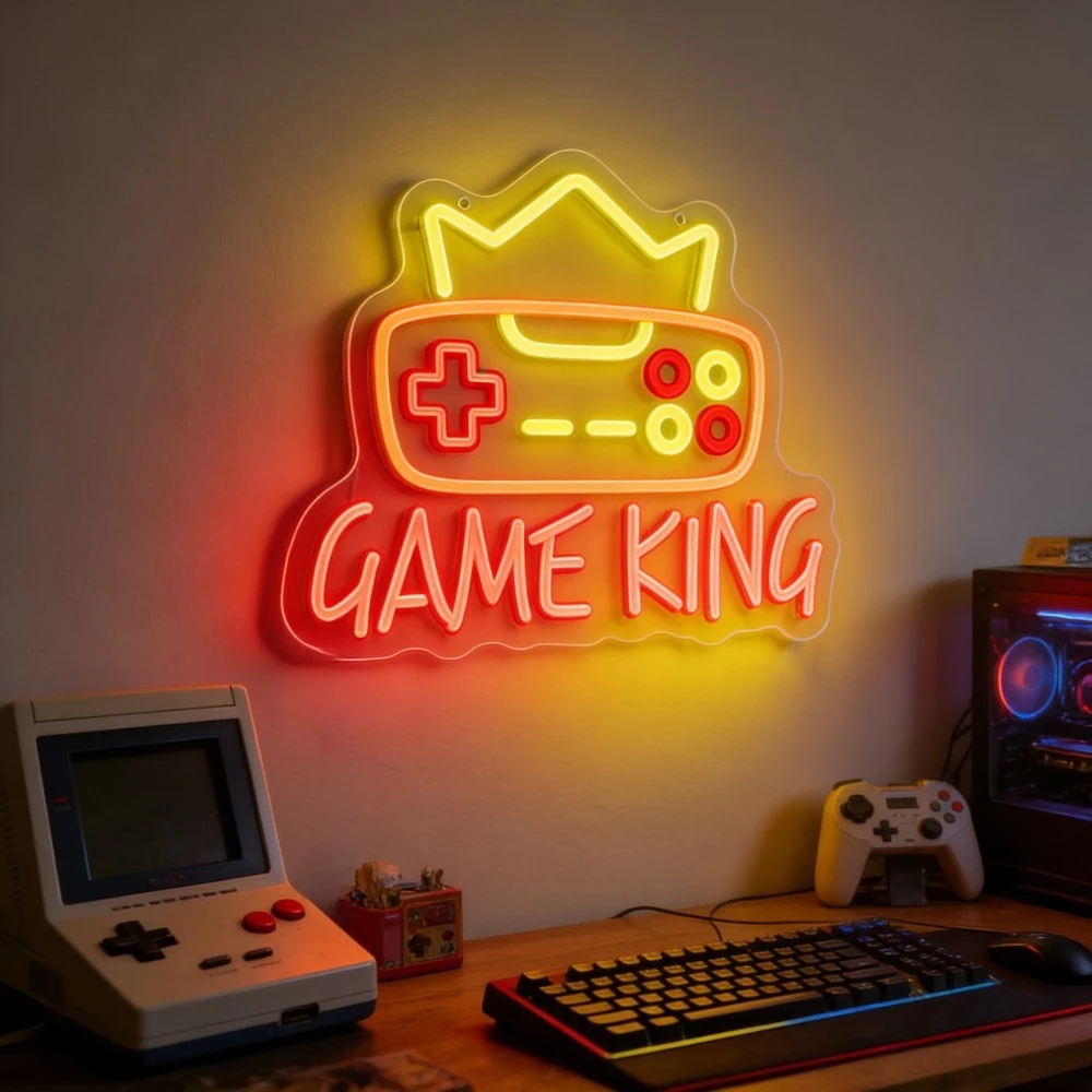 

Неоновая вывеска Game King Game Controller с LED-подсветкой: Символ победы для игровой комнаты, спальни, ретро-декора, настенное искусство, украшение для дома