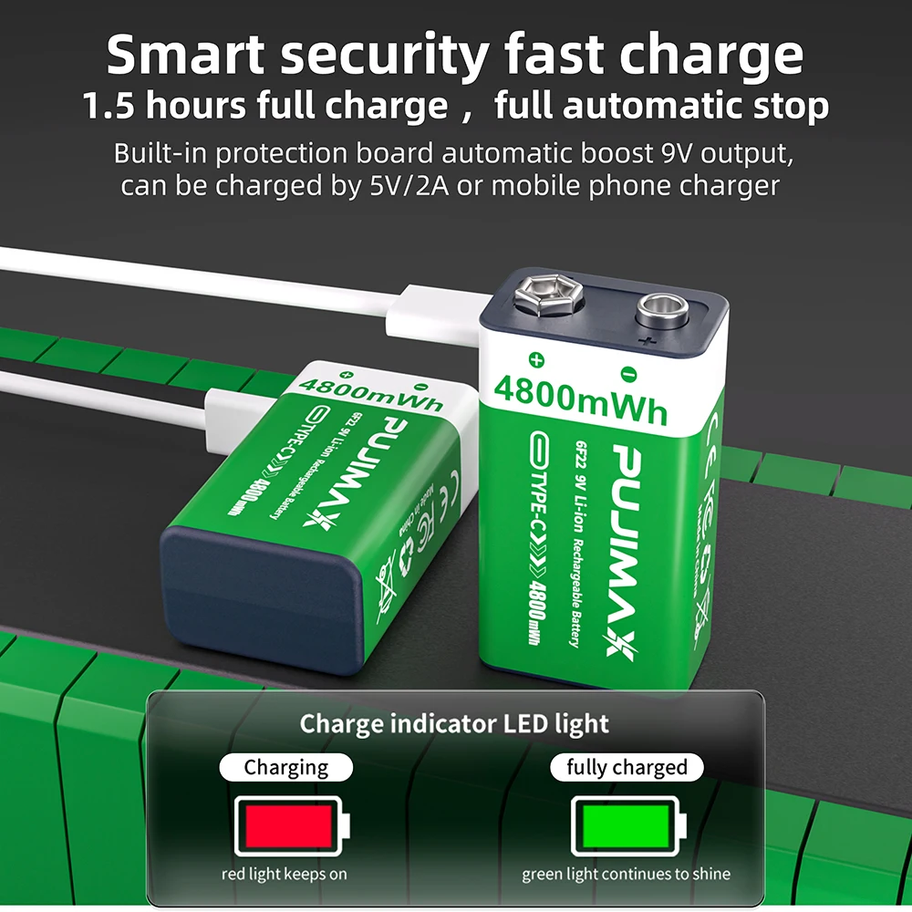 Akumulator PUJIMAX USB 9V 4800mWh, ładowany przez Type-C, bateria litowo-jonowa 6F22 9V do helikopterów RC, multimetrów, zabawek — zdjęcie produktu 3