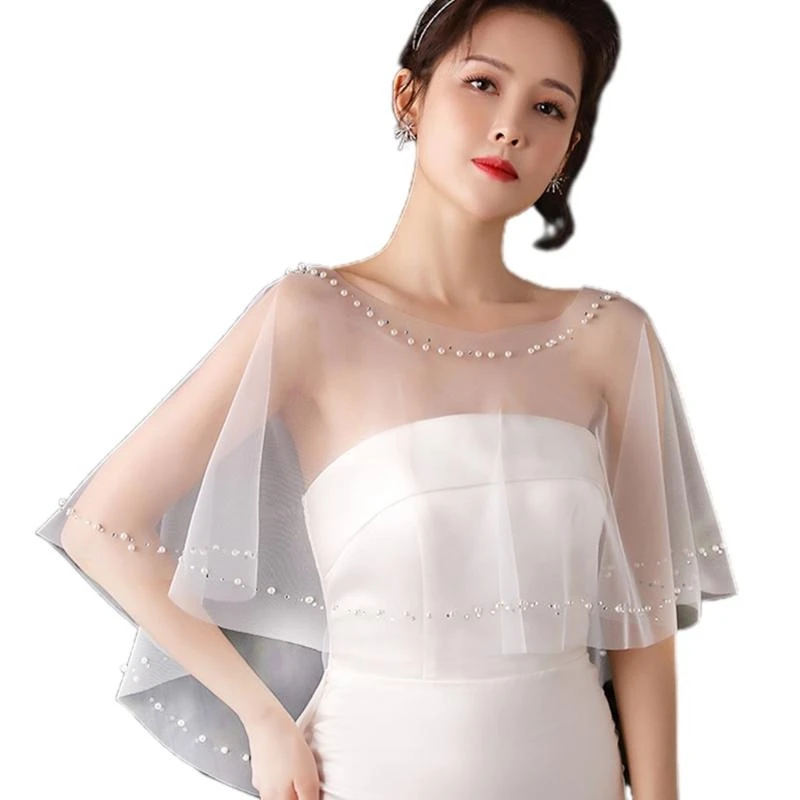 

652F Capelets for Women Wedding Tulle Shawl Transparent Wraps Shrug for Strapless Evening Dress Shoulder Cover Up Beaded Trim