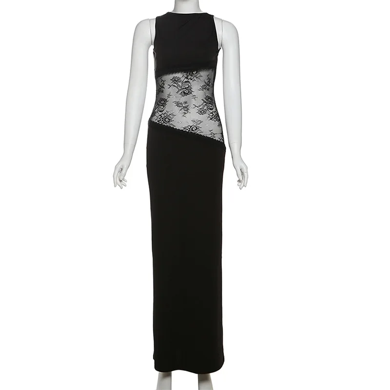 Leosoxs ตาข่าย Patchwork Maxi ชุดผู้หญิงเซ็กซี่ Sheer O-คอ Skinny Elegant Trend จัดเลี้ยงชุดราตรี Vestido หญิง