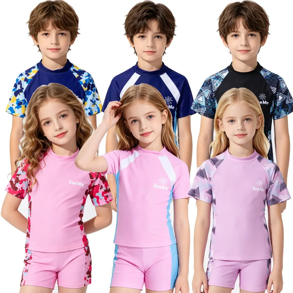 

Girls Two-Piece Swimwear Sun Protection Kids Short Sleeve Bathing Suit Geometric Print Swimsuit Quick Dry Beachwear 2-12Y