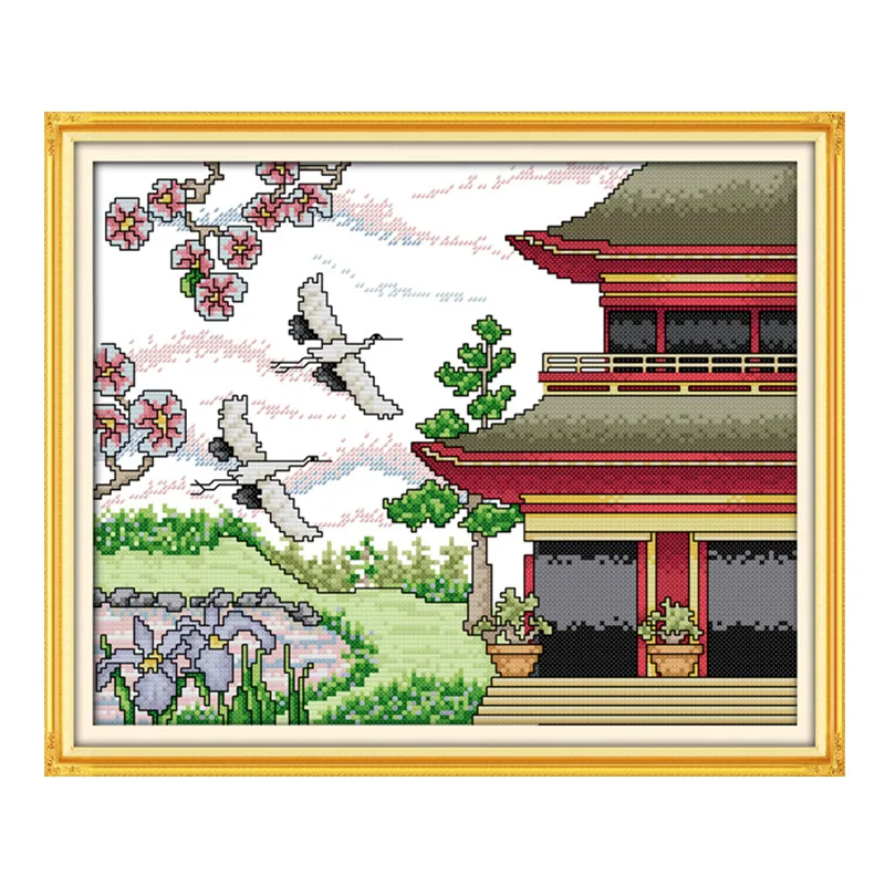 Cranes are back cross stitch kit lanscape garden 14ct 11ct count printed canvas stitching embroidery DIY handmade needlework