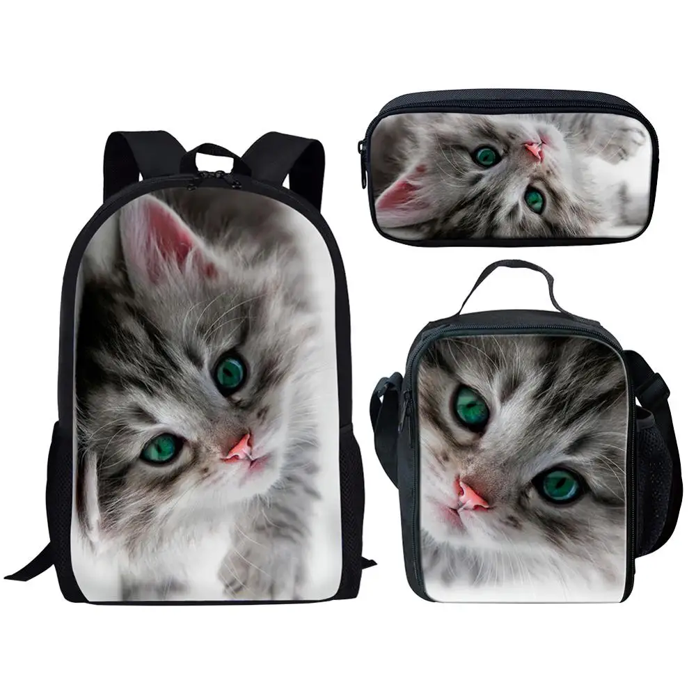 Tas sekolah motif kucing lucu 3 buah, Set tas sekolah untuk anak laki-laki dan perempuan, tas buku anak-anak, tas makan siang, tas pensil, ransel kasual harian Remaja