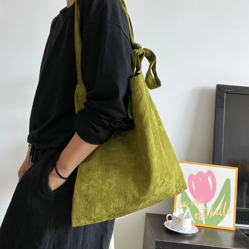 Women Handbag Totes Vintage Jacquard Silk Sati Linen Underarm Bag Portable Knot Wrist Bag Adjustable Pu Crossbody Travel Bag