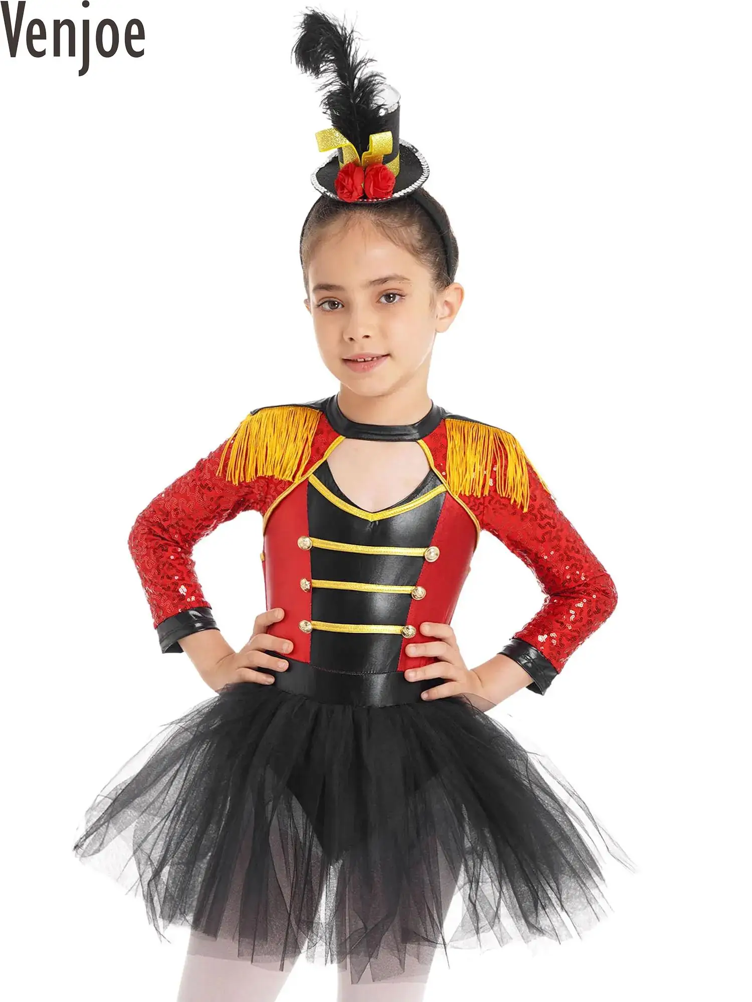 Kids Girls Magician Costume Sequin Tassel Epaulet Tutu Skirt with Hat Halloween Circus Ringmaster Cosplay Dress Up Dancewear