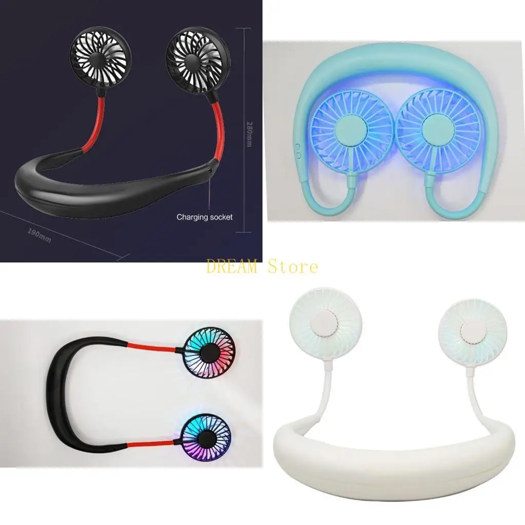 New Mini Portable LED Light USB Rechargeable Fan Neck Hanging Dual Cooler best sale