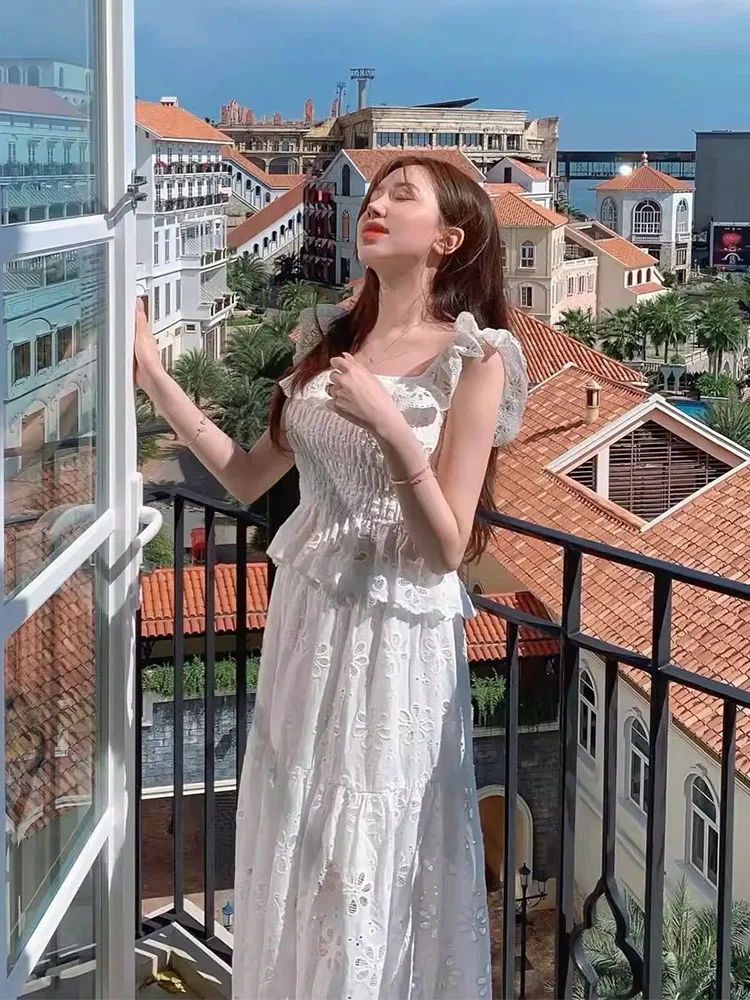 

Liangliang, нежная ветровая плиссированная талия, ажурная кружевная юбка с высокой талией, длинный комплект, летний новый комплект