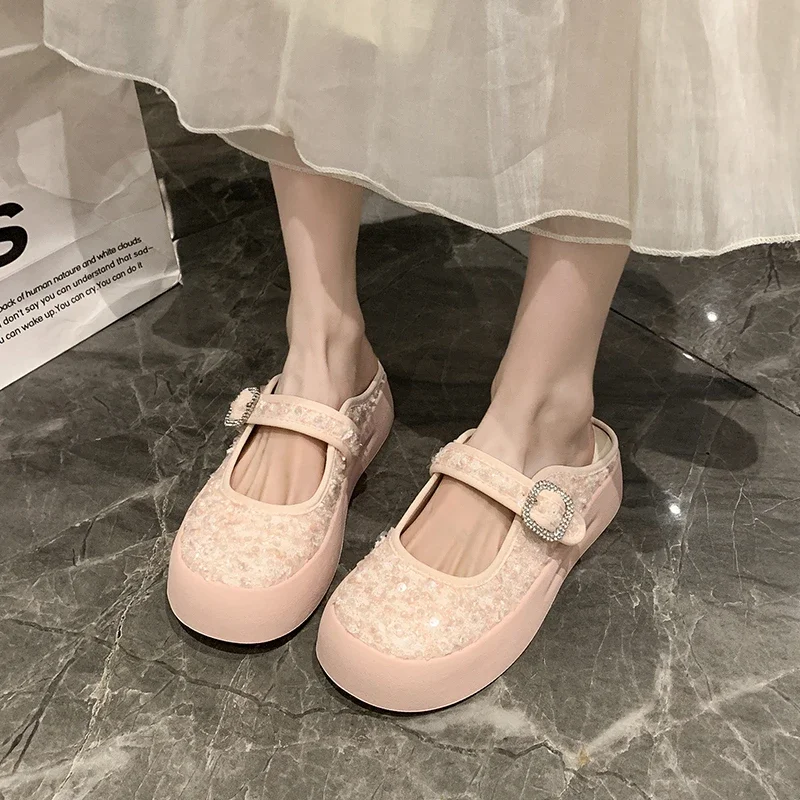 2025 Summer New  Hot Thick Soled Mary Jane Shoes Women Net Celebrity Retro Fashion Casual Comfortable Shoes Women's Middle Heels