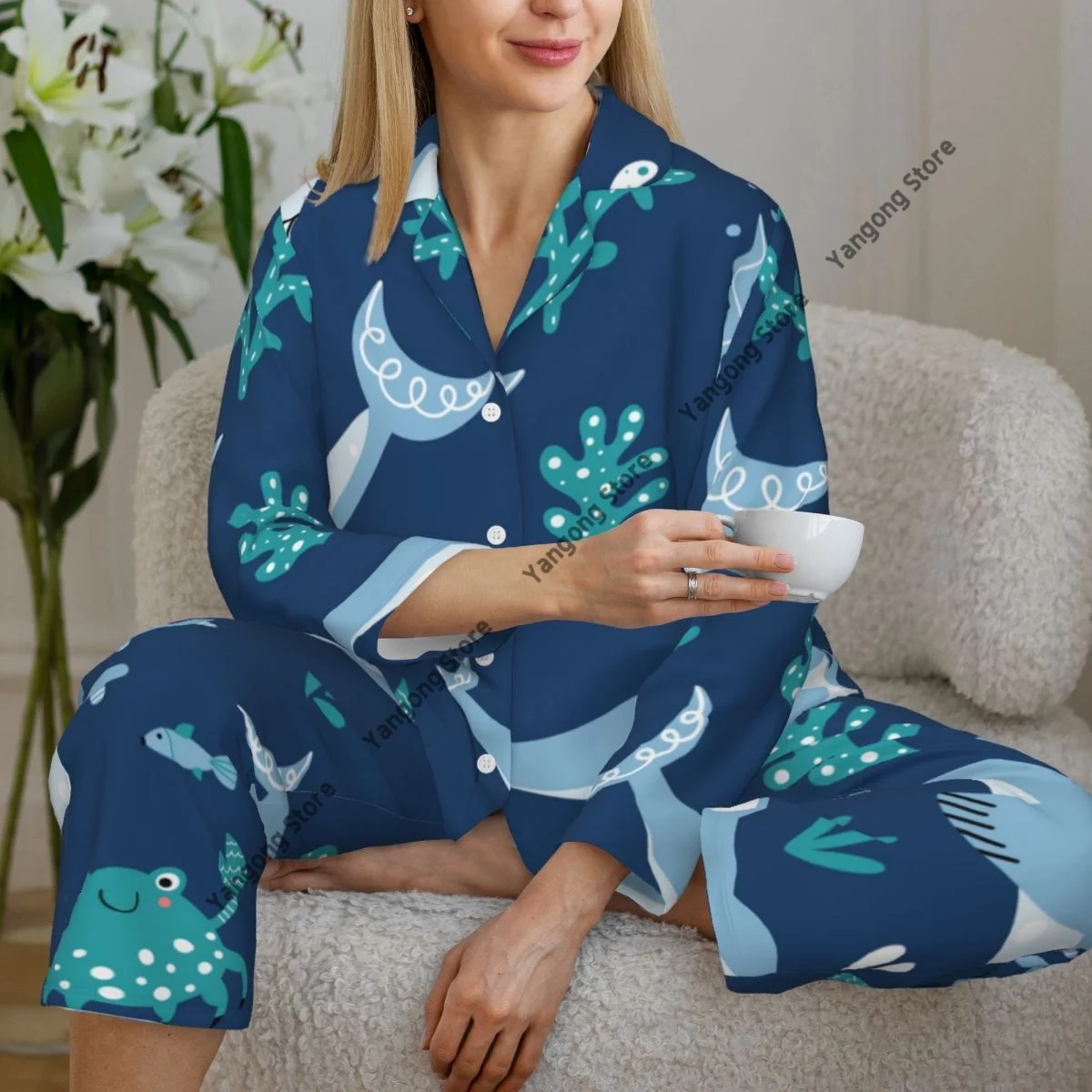 Women's Pajamas Long-sleeved Girl Loungewear Two-piece Set Cartoon Sharks And Fishes With Sea Plants Pajamas for Autumn Spring