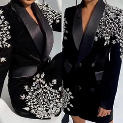 Sexy Black Velvet Full Sleeve Blazer para mulheres, vestido de festa, vestidos formais Crystal Power, Beading, Sexy, Custom Made, 1 pc