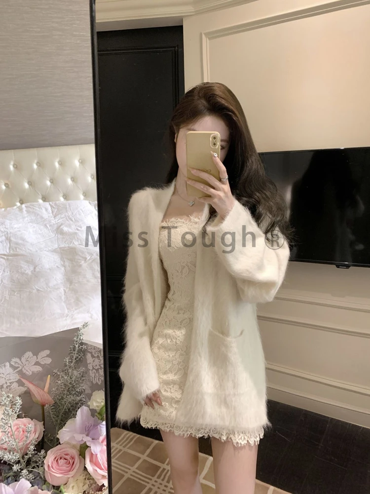 Winter Vintage Knitte Two Piece Set Women Lace Strap Dress+fur Sweater Cardigan Suit Female Korean Fashion Retro Warm Suit 2023