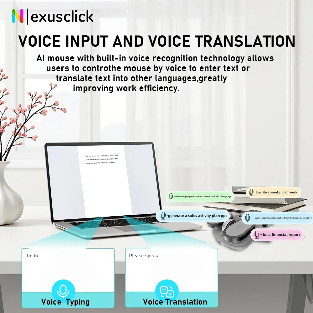 USB Rechargeable AI Wireless Mouse | Silent 2.4G/Bluetooth Mouse with Chat-GPT & Deepseek | AI Voice Control for Computer/Office