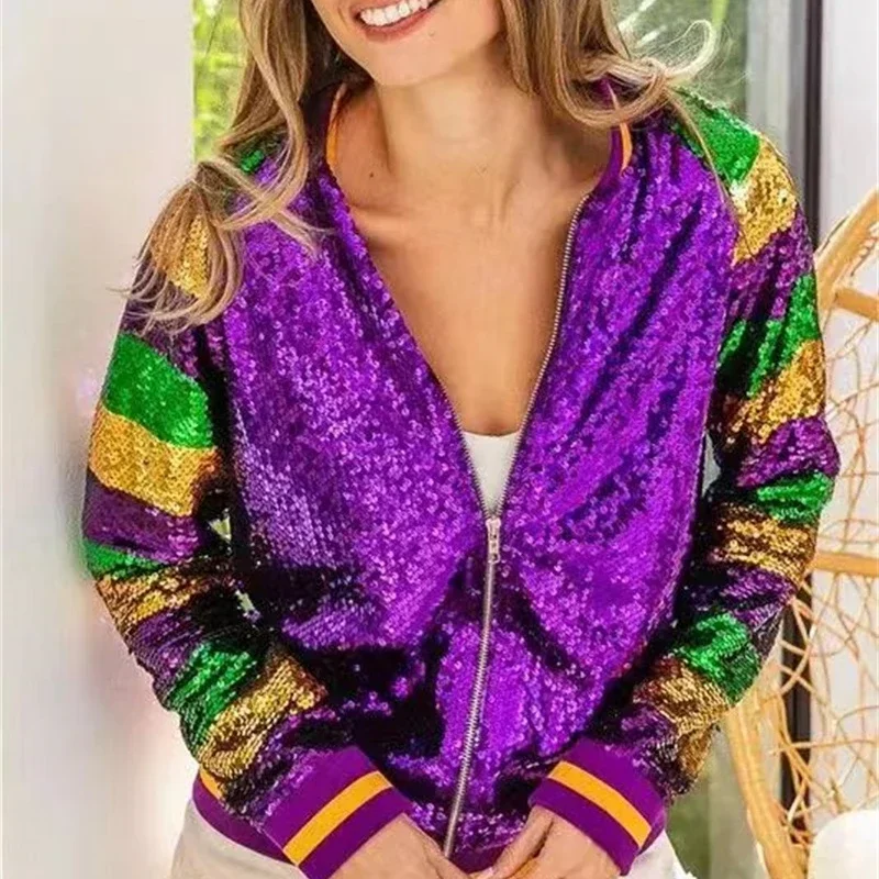 Abrigos de lentejuelas de manga larga con cuello redondo para mujer, ropa de calle suelta, chaquetas de Hip Hop con cremallera, Color Patchwork, primavera y otoño, nuevo