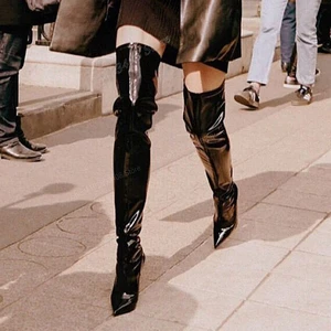 Hoch -heftige Stiefel aus lackiertem Lederstylus für Frauen, sexy Schuhe am Knie, Karamellfarbe, spitzer Finger, Track 2023 4 Hauptverkäufe Frauenstiefel Karamell - №4