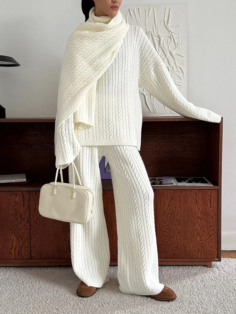 Ropa diaria, nuevo jersey de punto torcido, suéter, pantalones largos, conjunto de dos piezas, suéter de punto suave informal (sin bufanda)