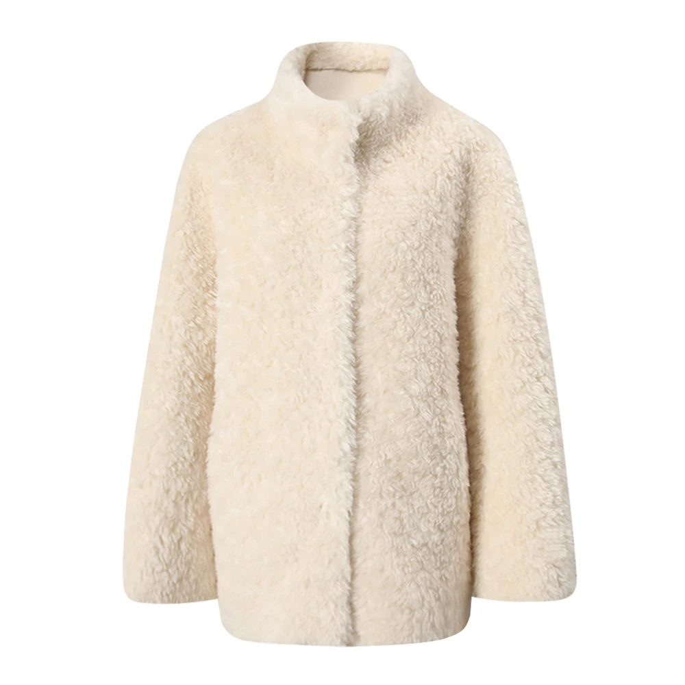 

STUDIO Women's Lamb Fur Jaet Stand Collar Oversize Open Cardigan Warm Top Casual Sle Long Sve Mid-Length Coat