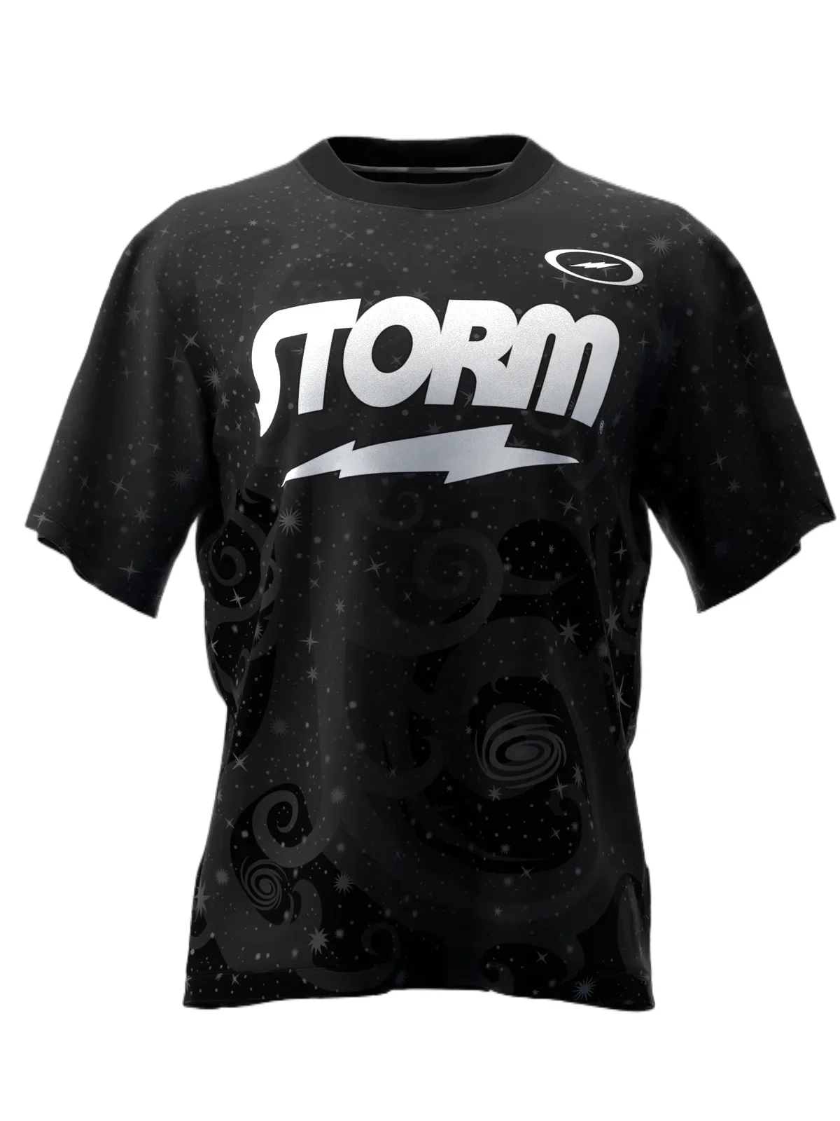 2026 Black Crewneck T-Shirt, STORM Logo, Full Dark Swirl Print, Quick Dry Breathable Fabric for Bowling Competitions