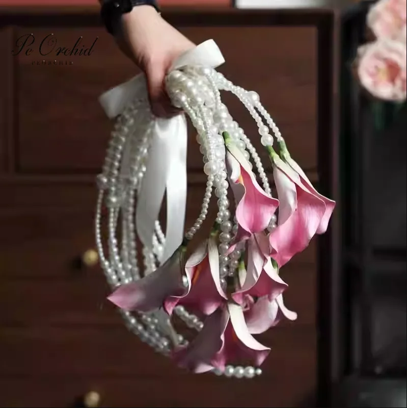 

Boho Pink Floral Hoop Bouquet with Real Touch Calla Lilies For Brides Handmade Faux Wedding Bouquet Flower Accessory