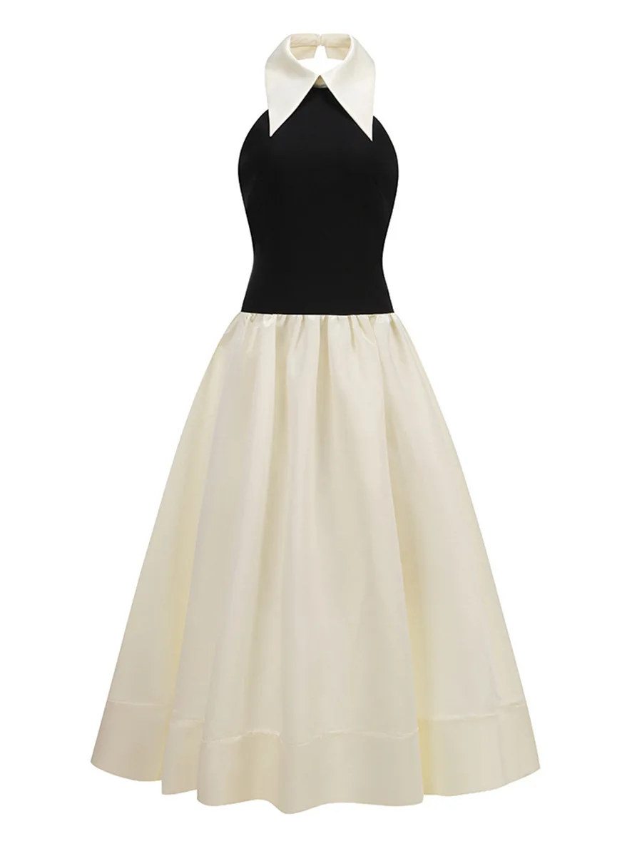 Vestido de passarela 2025 nova chegada moda elegante retalhos contraste cor halter cintura alta sexy sem costas magro saia longa para mulher