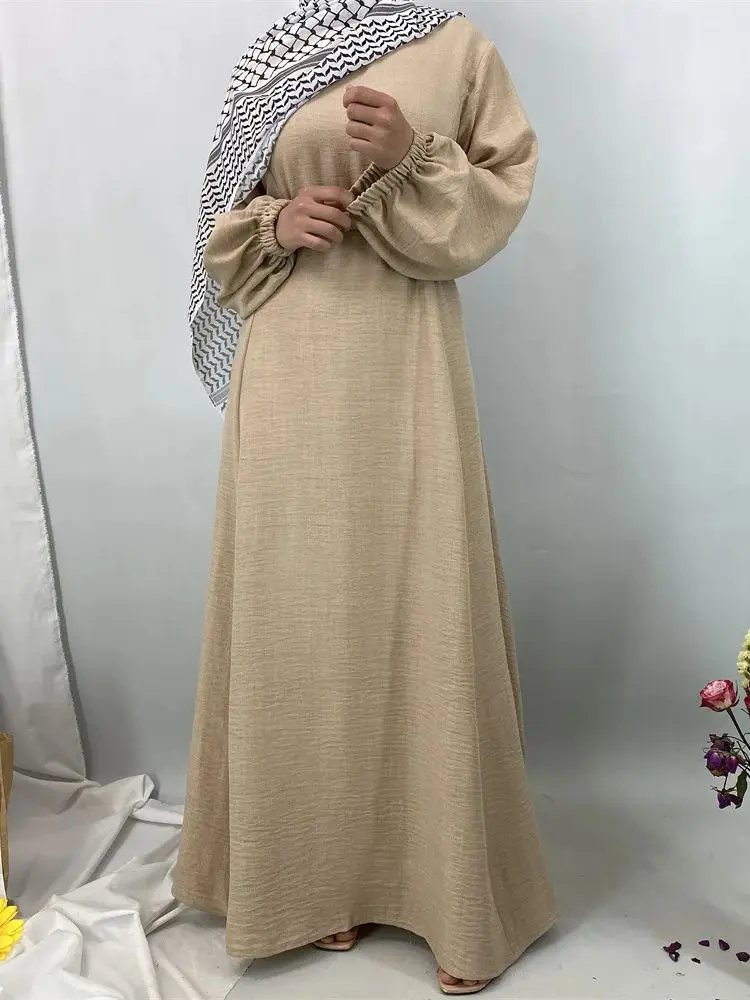 

Ramadan Eid Islamic Robes Elastic Cuff Sleeved Fancy ABaya Full Dress French Stylish Modesty Muslim Dress With Belt wy2204