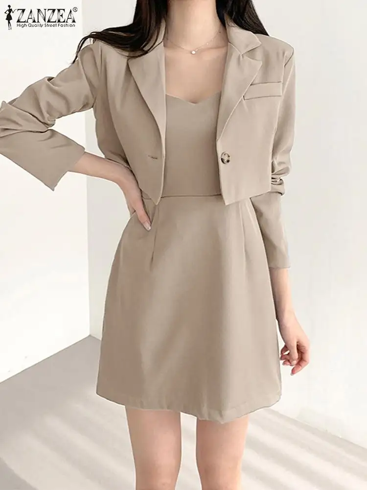 ZANZEA Fashion Suit 2PCS Lapel Long Sleeve Blazer Elegant Straps Dress Woman Spring Solid Color Sets Casual Party Matching Sets