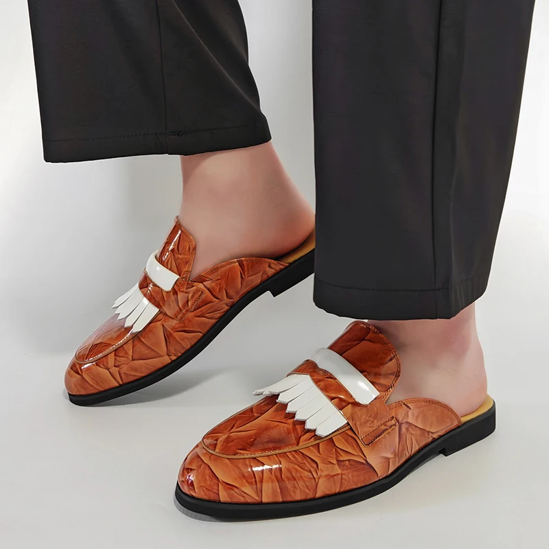 Tassel Patent Leather Mules Men Backless Loafers Outdoor Closed Toe Casual Shoes Half Slippers Slides Sandals Slip-on Sneaker