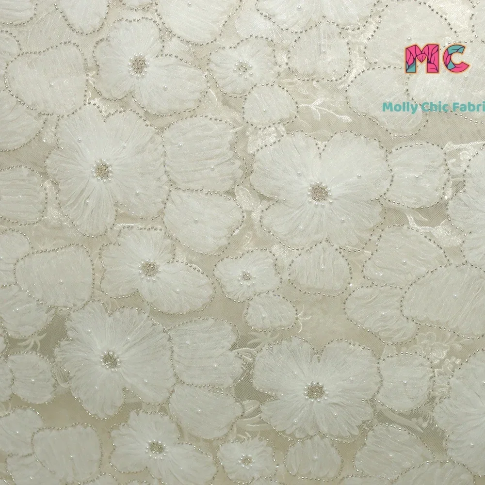 Flower 3D Nail Bead Embroidery Lace Breathable Fabric Sewing Wedding Dress Evening Dress Adult Dress Fabrics For Sewing