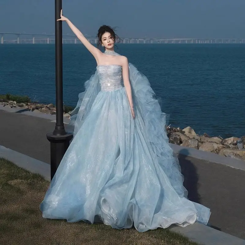 

Light Blue Evening Dress Gorgeous Prom Gowns Court Train Strapless Major Beading Sequins Pleats Tulle