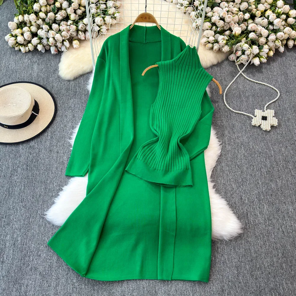 Chic Women Three-Piece Sets Long Sleeve Knit Open Stitch Coat Slim Half High Collar Vest High Waist Flare Pants Casual Clothing