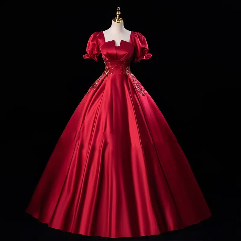 Blauwgrijze satijnen avondjurk met vrouwelijk temperament, verjaardagsfeestje, coming of age-ceremonie, lange rok, A-lijn afslankjurk