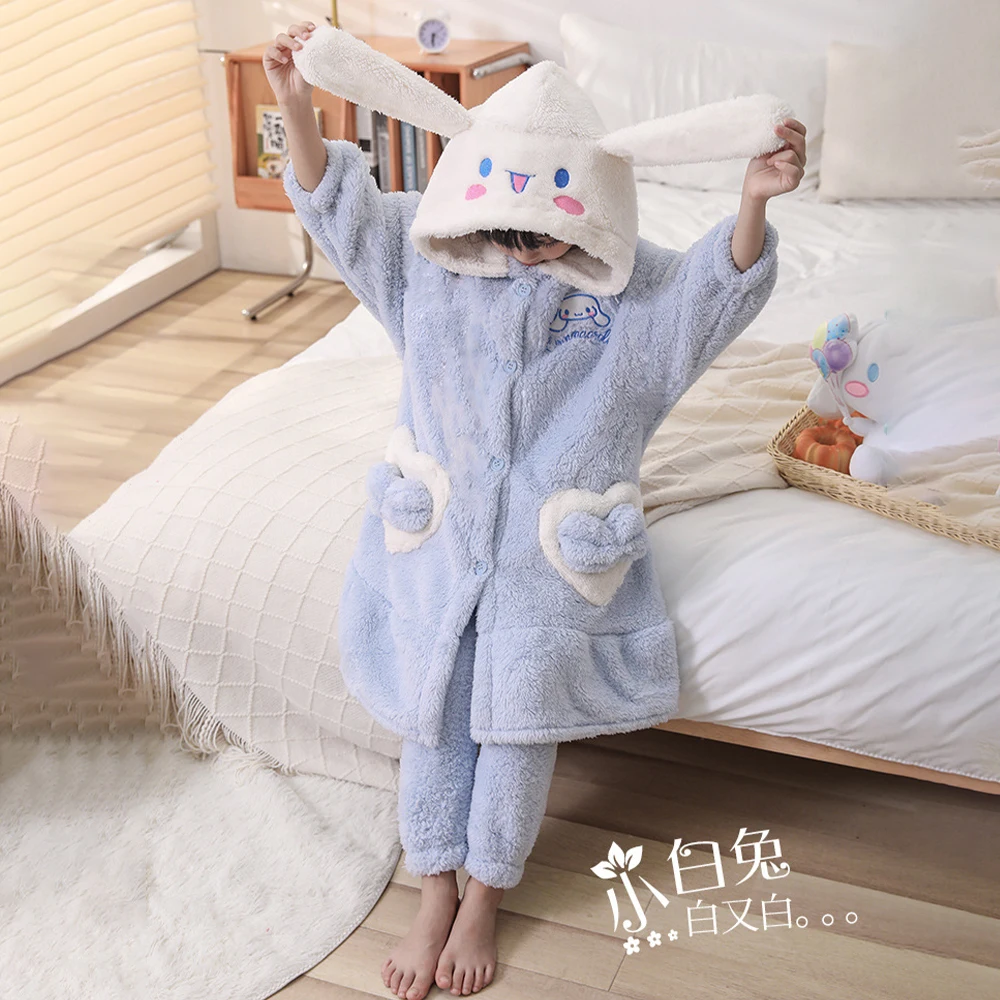 Cinnamoroll Anime Kuromi Spring Autumn Sanrios Children\'s Night-Robe Kawaii Girls Coral Fleece Nightgown Dressing Cute Homewear