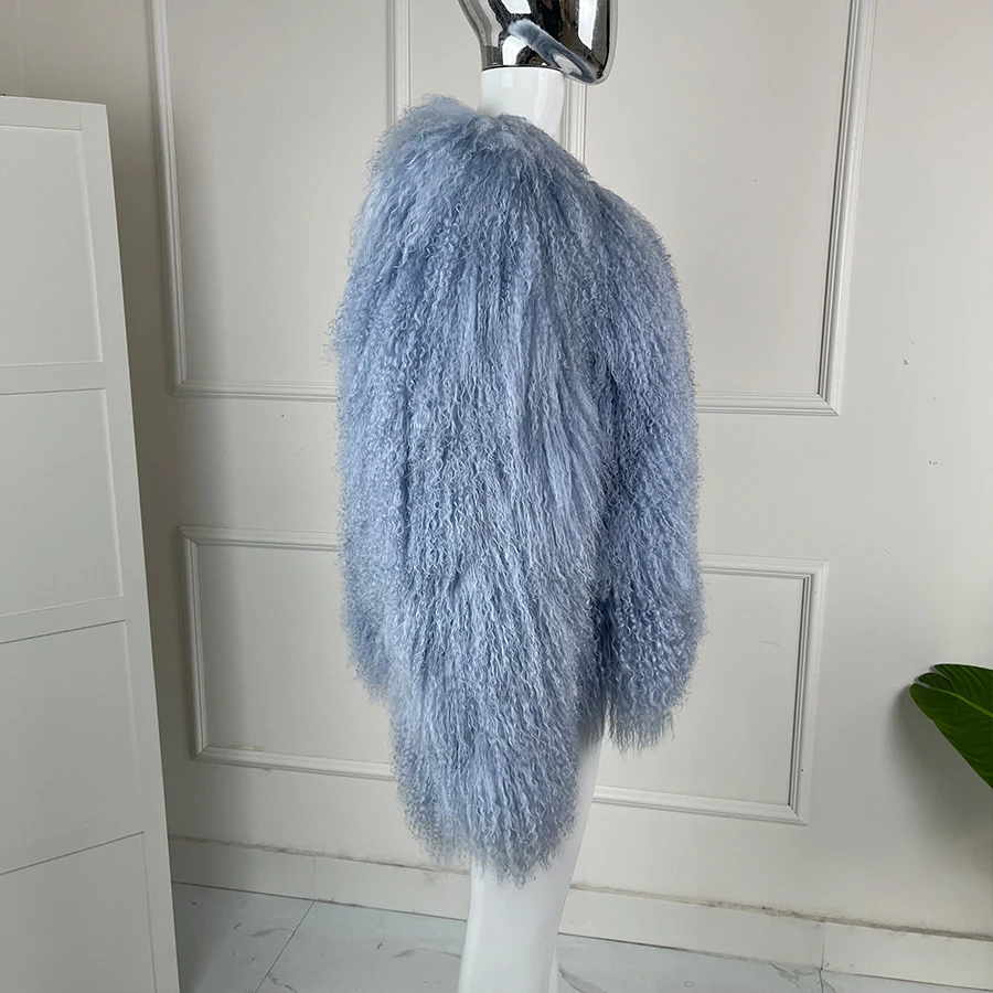 여성용 몽골 모피 코트, 라운드 넥 짧은 양가죽 코트, 겨울 양털 코트, 진짜 푹신한 양털 재킷