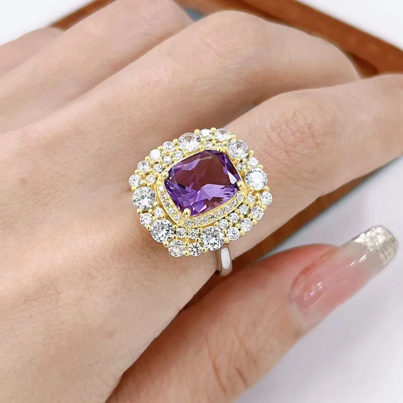 SACE GEMS New  925 Sterling Silver Resizable 8*10MM Natual Amethyst Rings for Women Engagement Cocktail Party Fine Jewelry