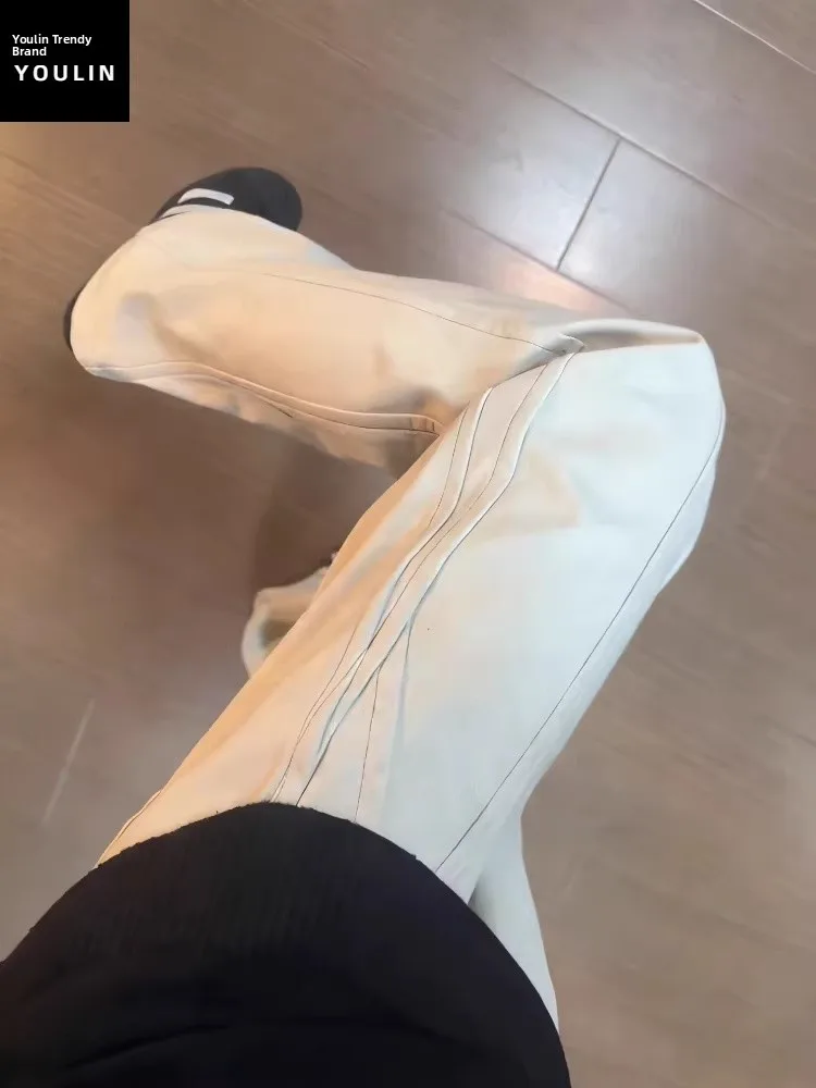 

Khaki Side-Cut Fleece-Lined Men's Jeans American Retro Style Low Waist Straight Leg Trousers Cleanfit Slim Fit Winter Jeans