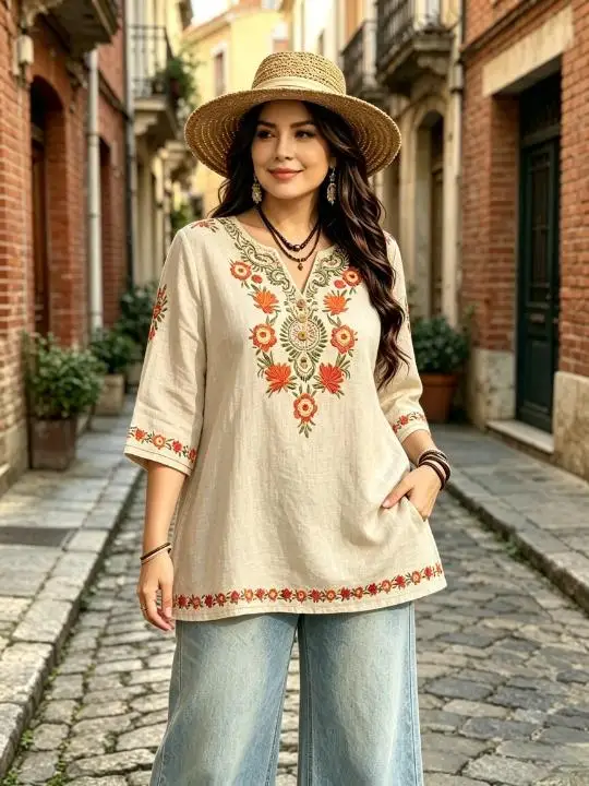 Women Bohemian Ethnic Floral Print Blouse Notched Neck 3/4 Sleeve Loose Fit For Curvy Figures Daily Casual Ladies Tops
