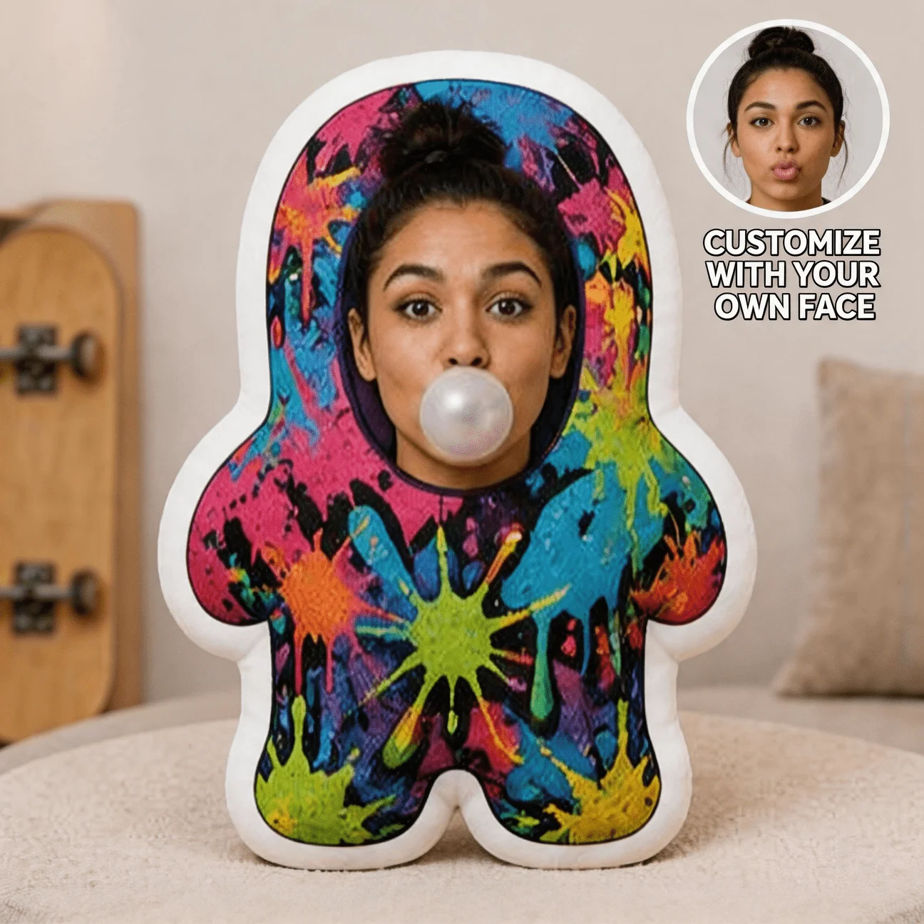 Customized facial fun styling pillow, personalized photo bubble gum expression decorative cushion, 60cm bright color design deco