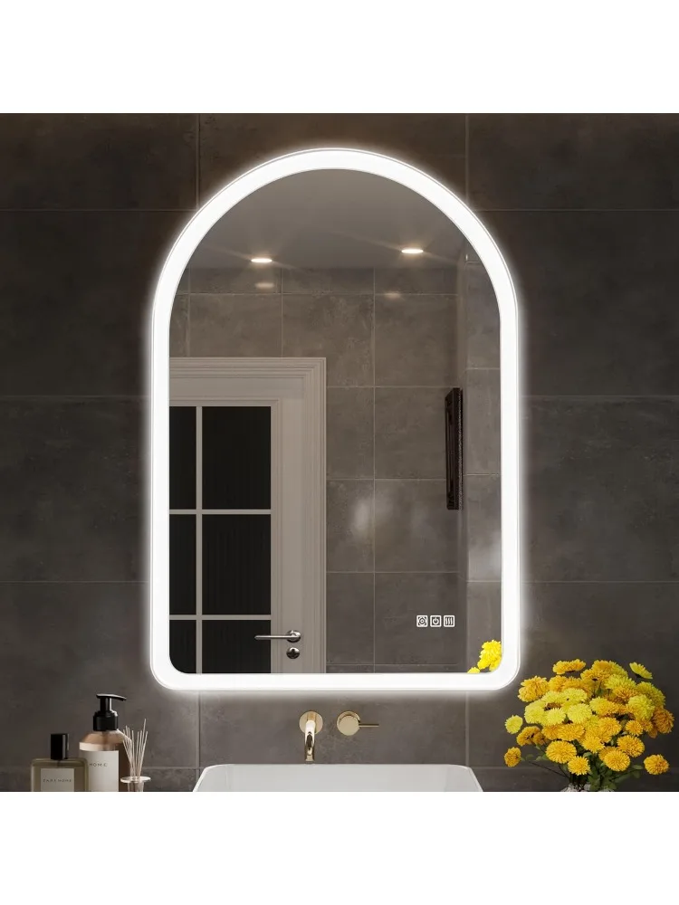 

Арочное светодиодное зеркало для ванной комнаты, безтуманное зеркало для ванной комнаты с белой рамой 24x36, 3-цветное зеркало для ванной комнаты с регулируемой яркостью и подсветкой для