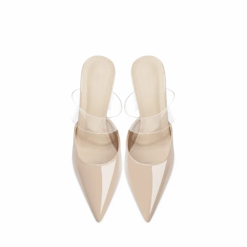 

Naked patent leather sexy socialite pointed high-heeled shoes,2025 new model,transparent headband with thin heels, cool slippers