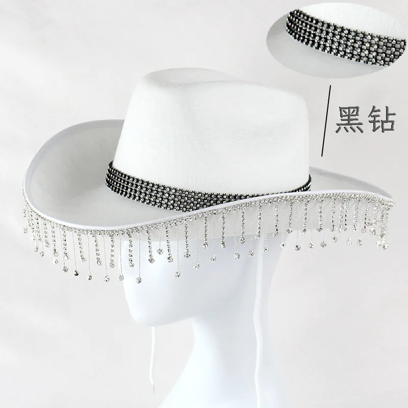 Fluorescent Colorful Tassel Women\'s Cowboy Hat Rhinestone Fringe Black Western Cowgirl Hats Bride Crystal Solid Party Dress Hats