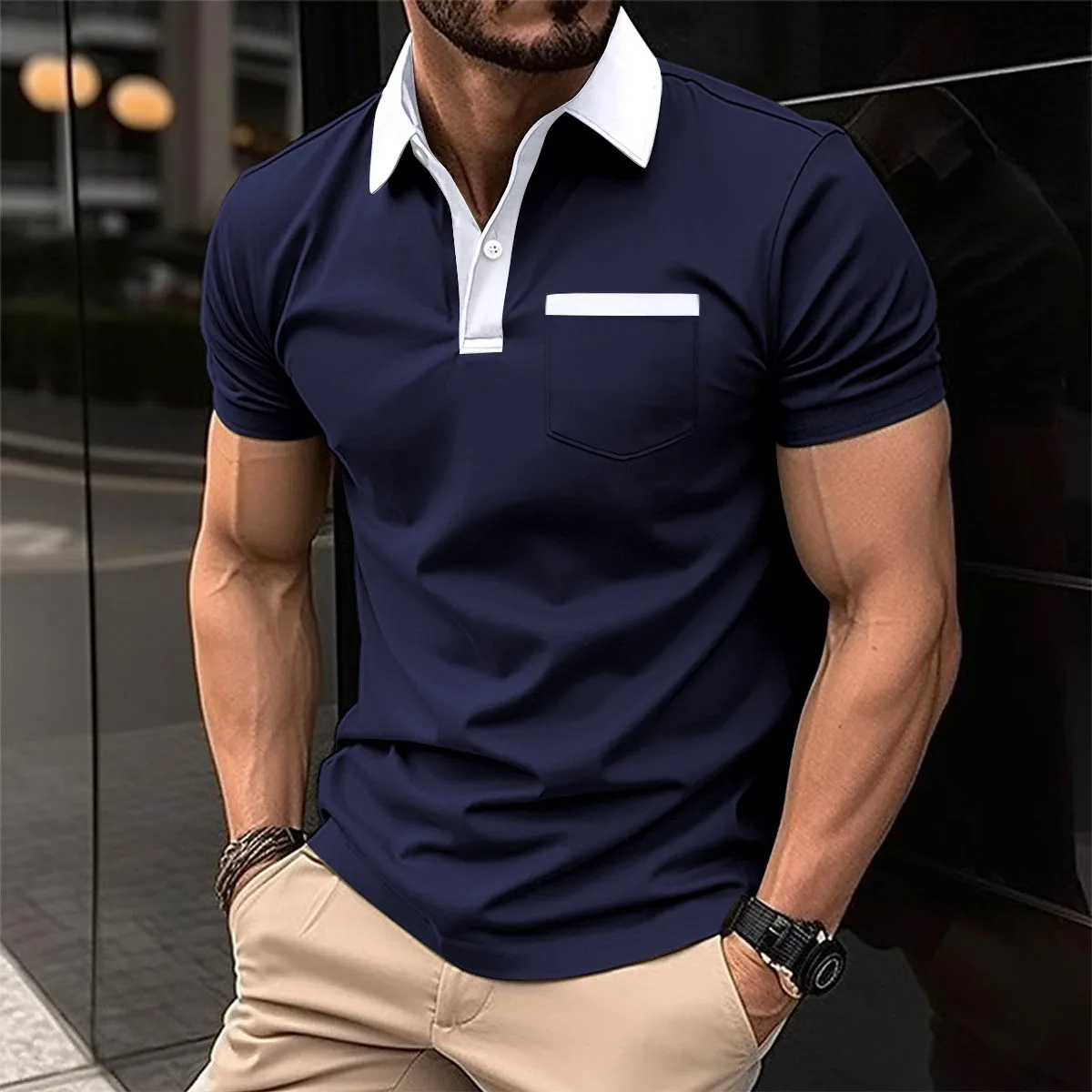 High quality men\'s Business Casual cotton blend Light luxury Summer polo shirt with pocket T-shirt