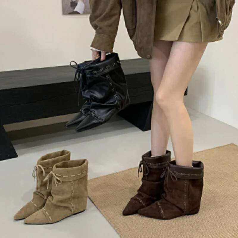 

Women Vintage Height Wedges Heels Boots Pointed Toe Women Ankle Boots Outdoors Winter Designer Lace-up Women Boots Fashion