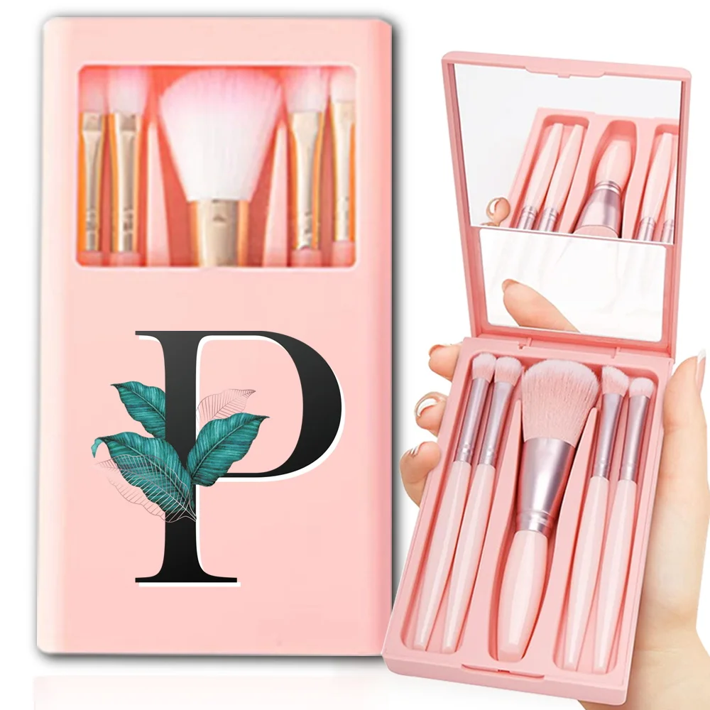 5Pcs Cosmetic Brushes Kit Portable Makeup Brush Travel Set With Mirror Box Eyeshadow Brush Organizer Case Leaf Letter Pattern