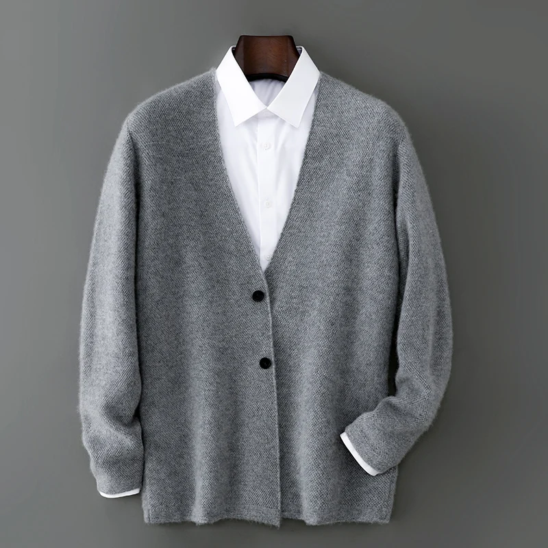2025 New Products 100% Merino Wool Men's V-neck Knit Cardigan Autumn Winter Solid Color Business Casual Cashmere Jacket Sweater