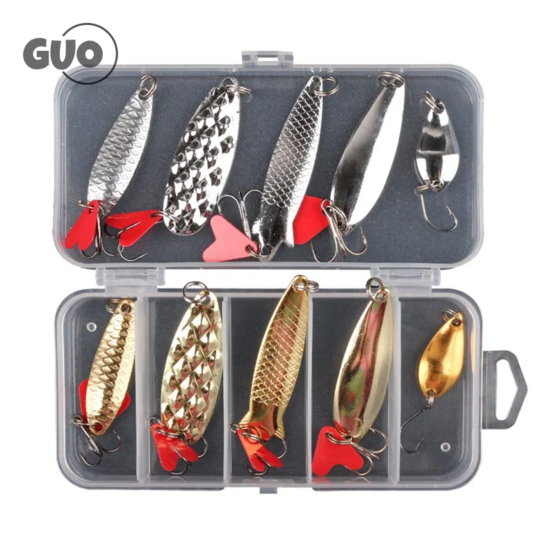 10PCS/Set Gold And Sliver Metal Jig Spoon Spinner Fishing Lure Wobbler Bait Set With Fishing Tackle Box Kit For Fishing