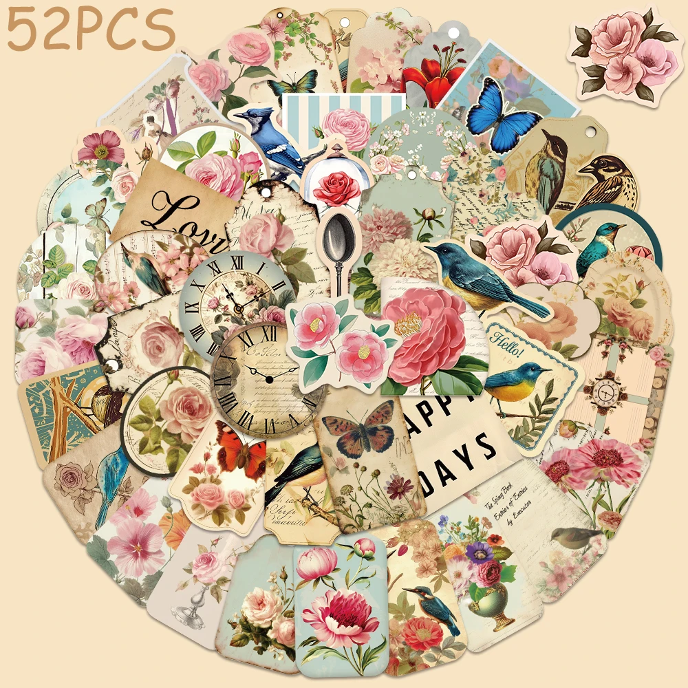 

52pcs Retro Flower Bird Stickers Decals For Phone Laptop Scrapbook Suitcase Skateboard Guitar DIY Aesthetic Waterproof Stickers