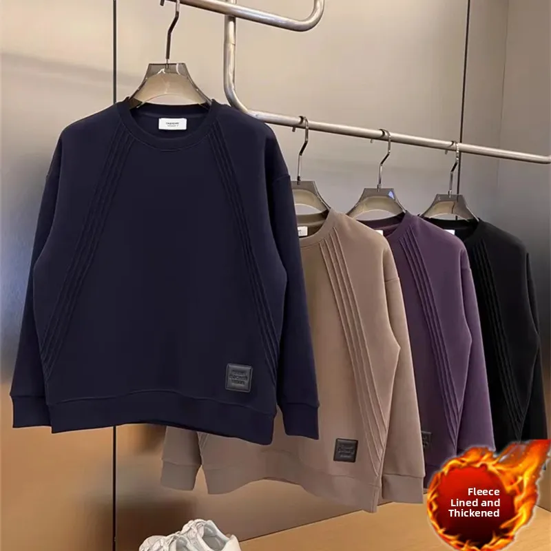

Men's Heavyweight Fce Lined Thiened round Ne Sweatirt Waed Brued Line Design Loose Fit Base irt Casual Wear