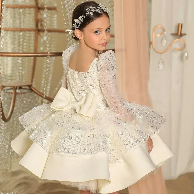 Girls Sequins Dress Princess Birthday Party Wedding Tutu Bow Long Sleeve Puffy Tulle Gown for Kids Costume Baby Baptism