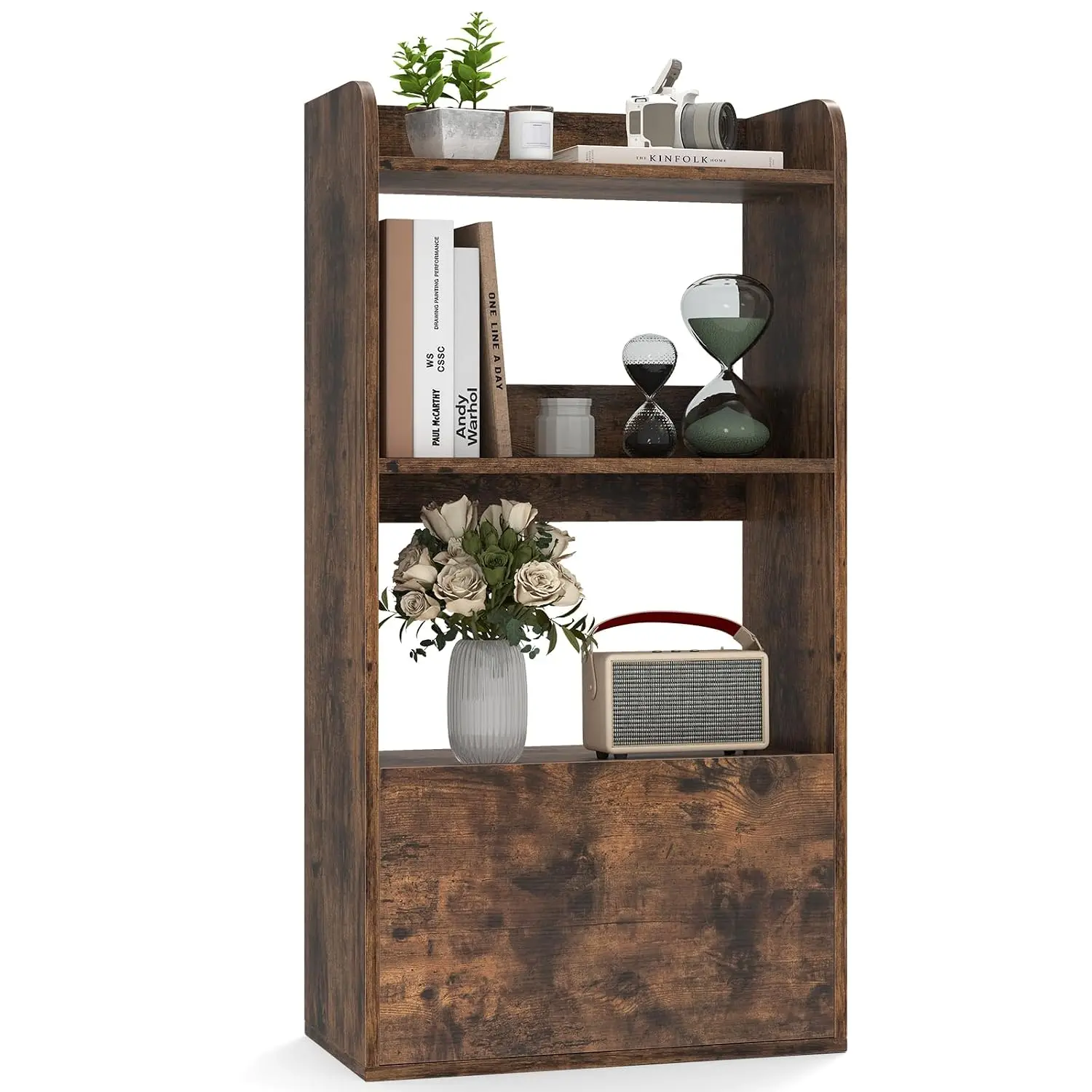 4-Tier Bookshelf with Drawer, Freestanding Bookcase with Open Shelf, Display Shelf with Anti-Toppling Kits, Storage, Customized