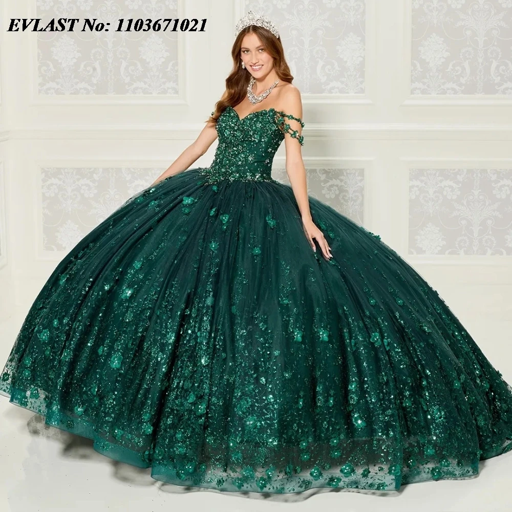 

EVLAST Shiny Emerald Green Quinceanera Dress Ball Gown 3D Lace Applique Beading Mexico Corset Sweet 16 Vestidos De 15 Anos SQ240